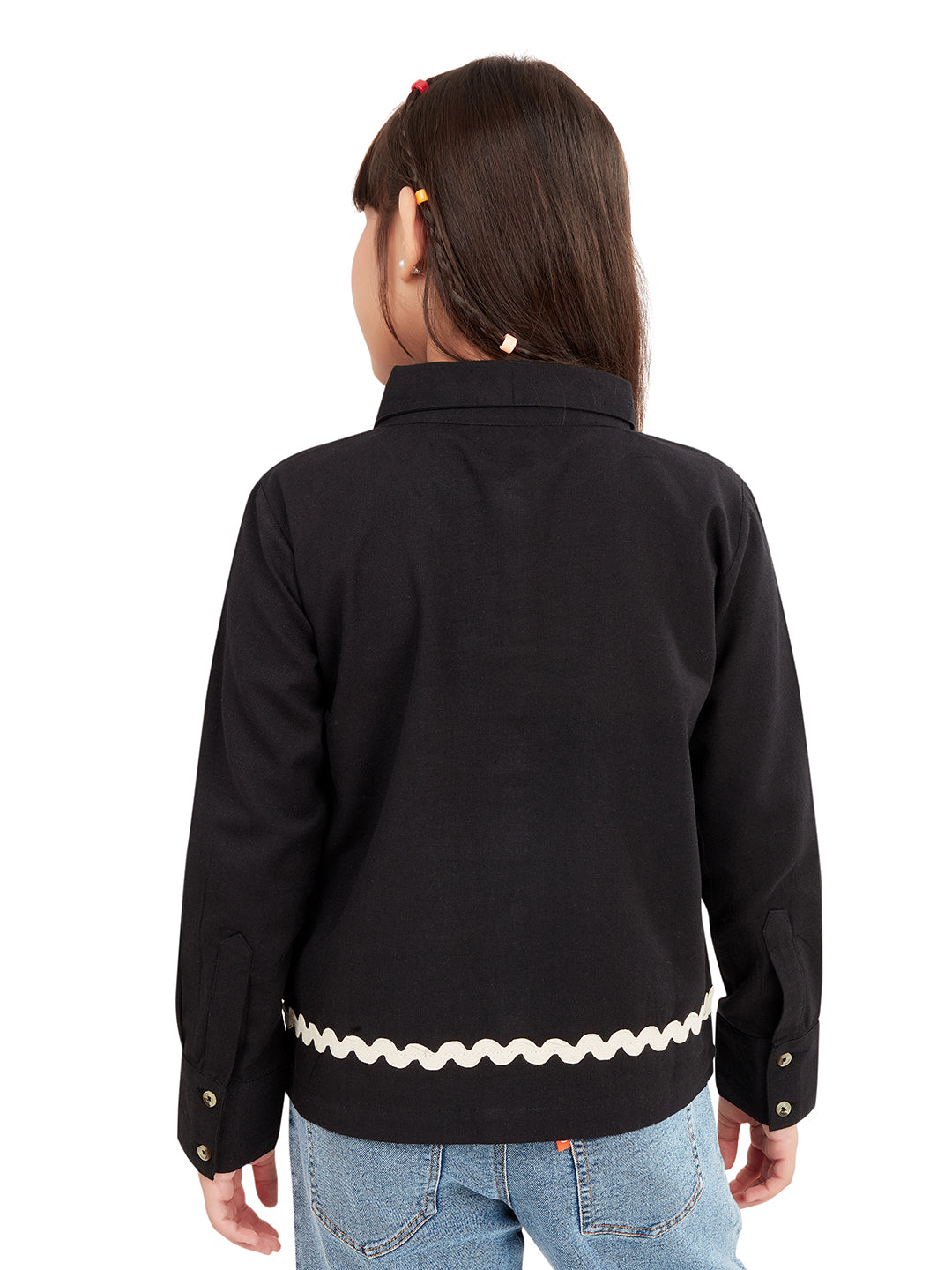 Olele® Girls Full Sleeve Linen Lace Shirt - Black