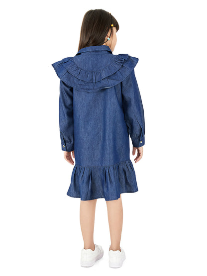 Olele® Girls Victoria Double Layer Ruffle Dress - Light Weight Cotton Denim