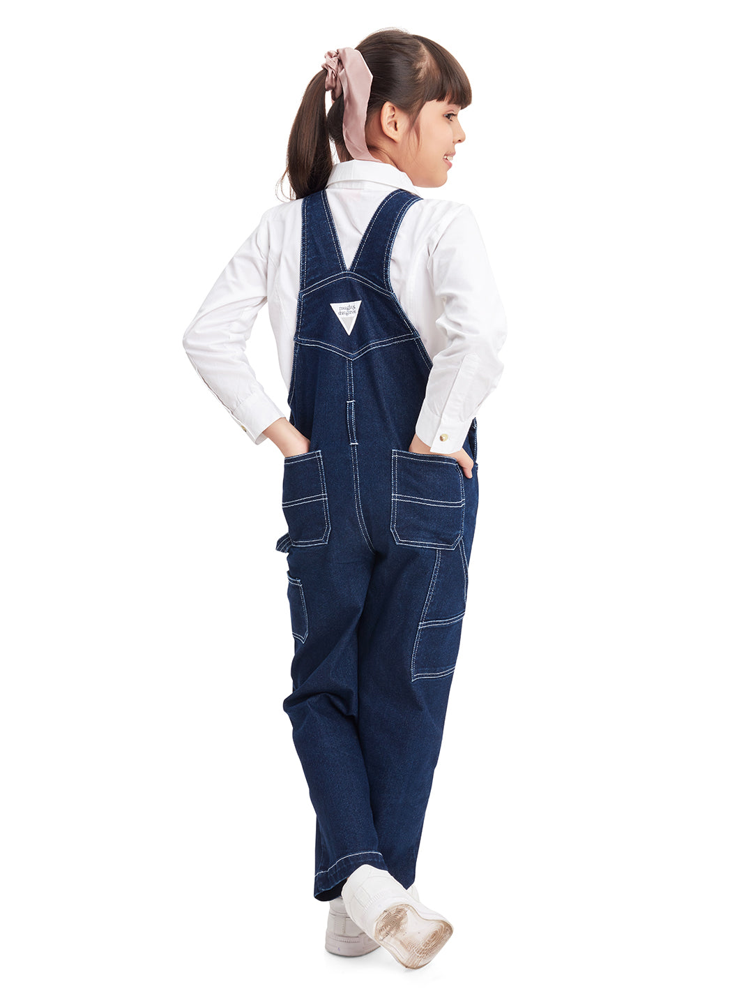 Back View of Olele® Girls Carpenter Dungaree - Raw Cotton Denim