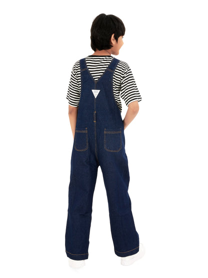 Back View of Boys Full Length Raw Cotton Denim Vanilla Dungaree