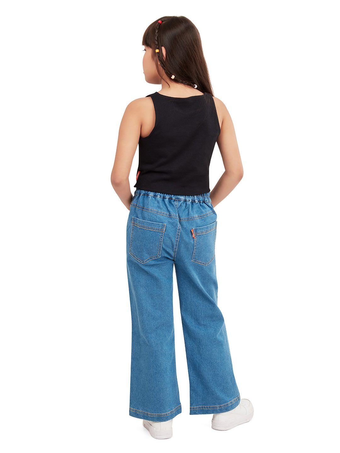 Olele® Girls Windsor Wide Leg Cotton Denim Jeans Regular Fit Stretchable (Elasticated Waist)  - Indigo Blue