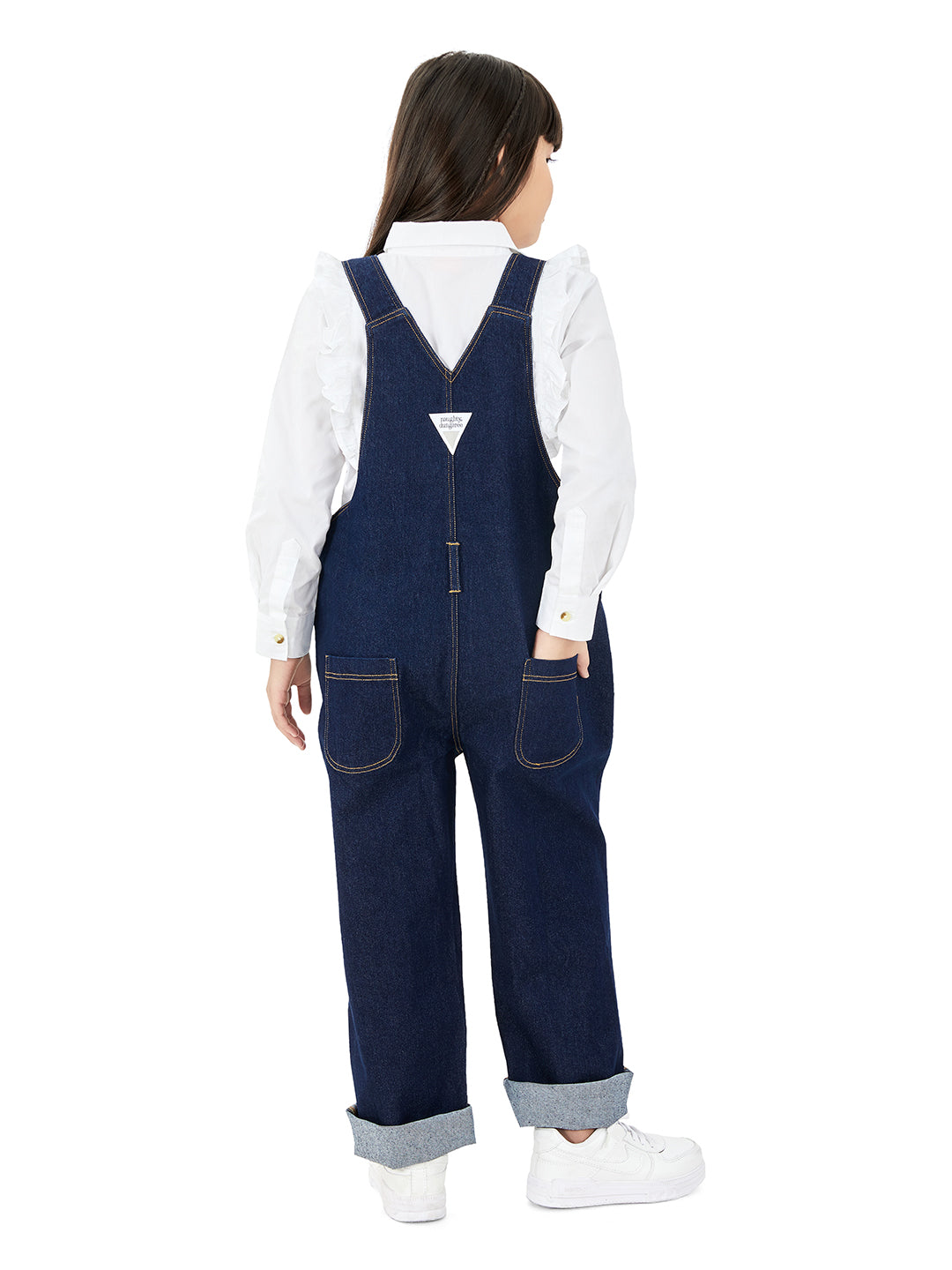 Back View of Girls Raw Cotton Denim Vanilla Dungaree