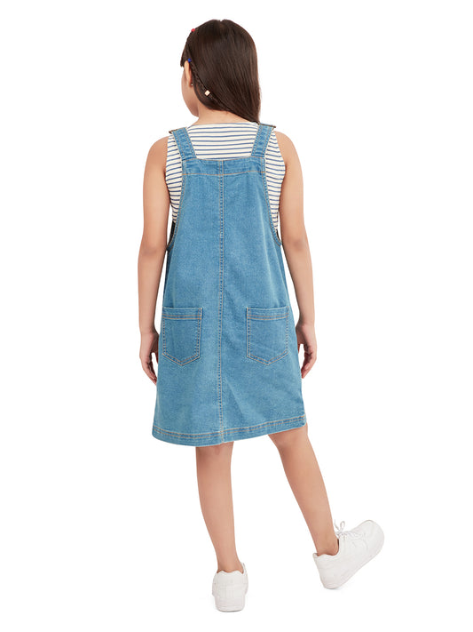 Olele® Girls Vanilla Cotton Denim Dungaree Dress - Blue