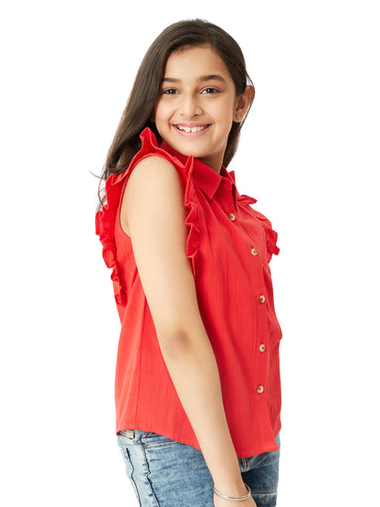 Olele® Regina Ruffle Shirt - Red Cotton Linen