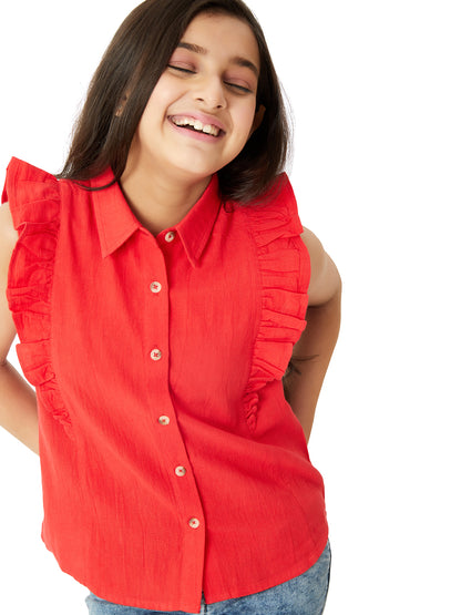 Olele® Regina Ruffle Shirt - Red Cotton Linen