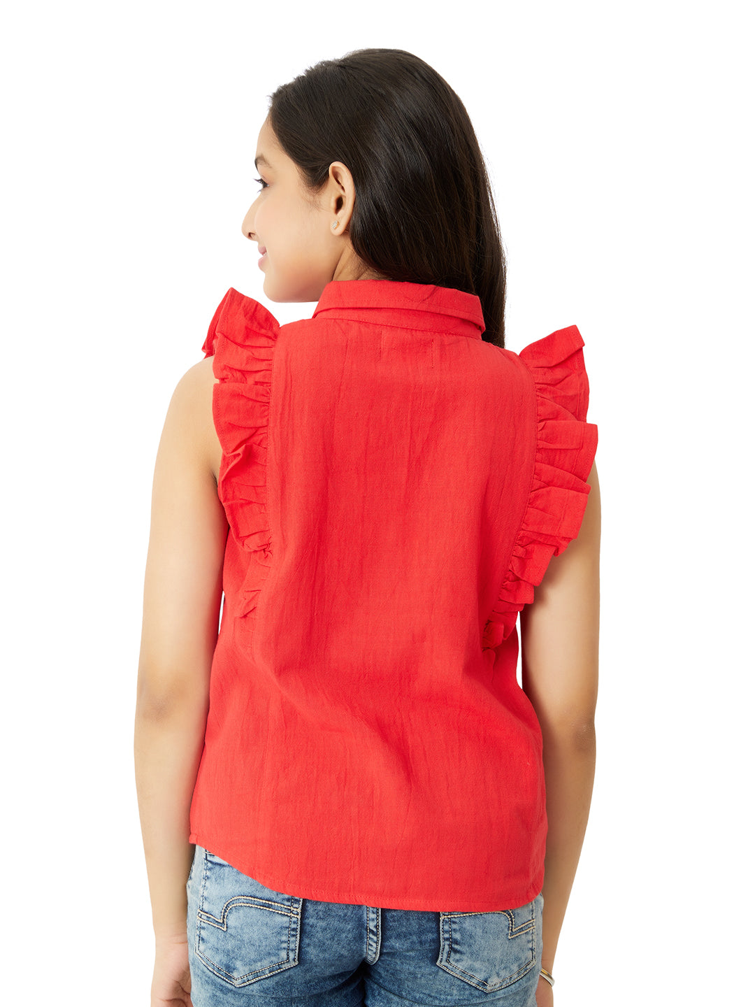 Olele® Regina Ruffle Shirt - Red Cotton Linen