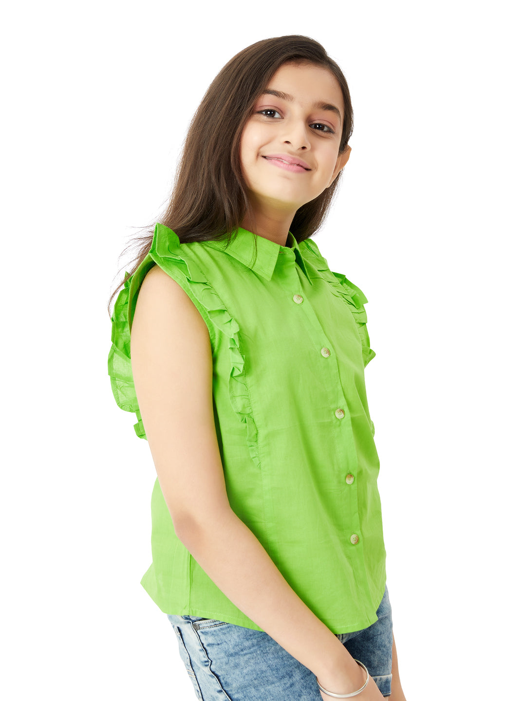 Olele® Regina Ruffle Shirt - Lime Green Cotton