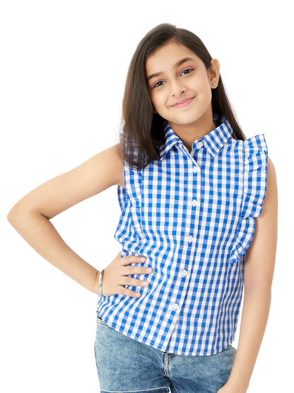 Olele® Regina Ruffle Shirt - Blue and White Gingham