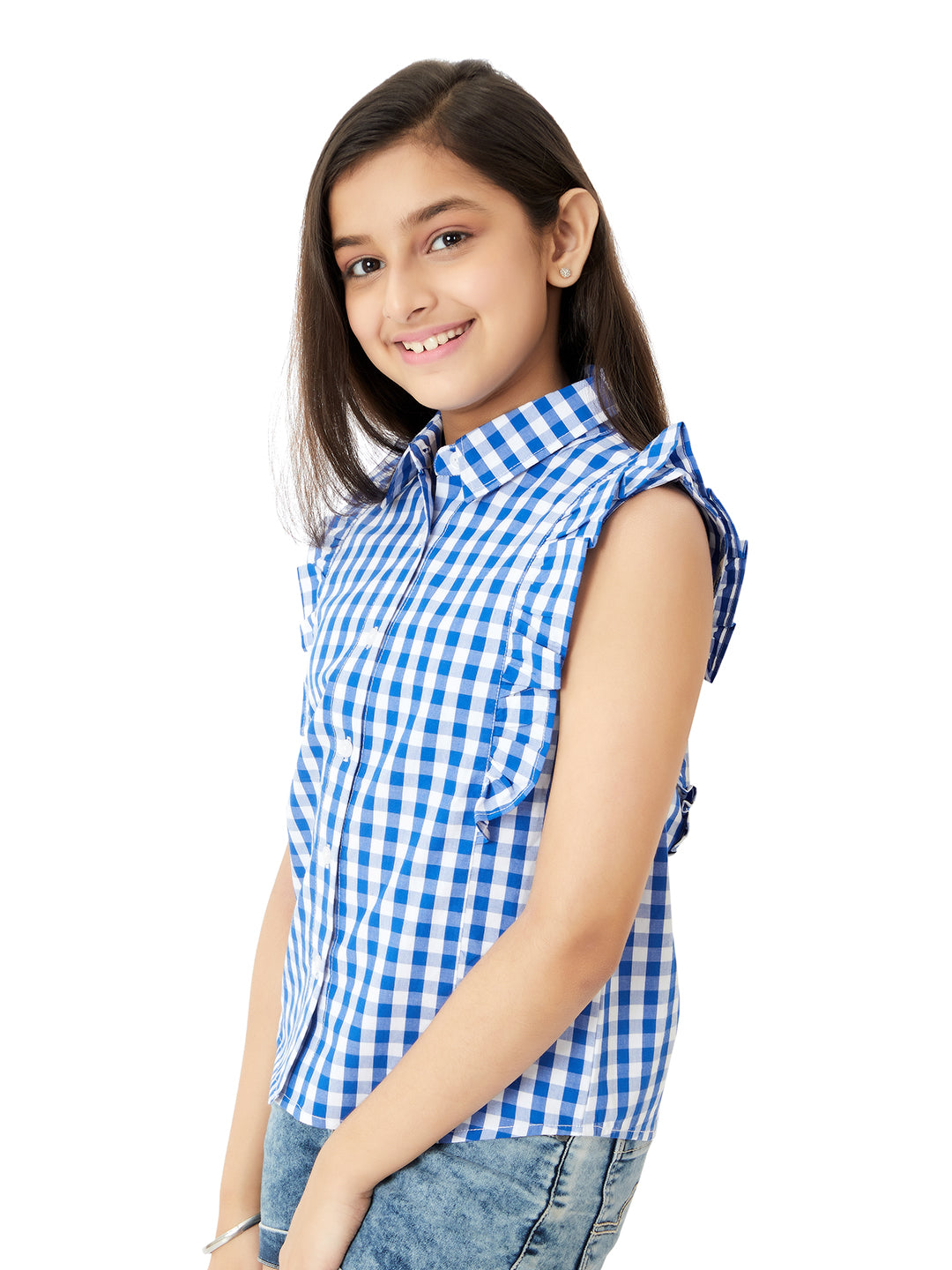 Olele® Regina Ruffle Shirt - Blue and White Gingham