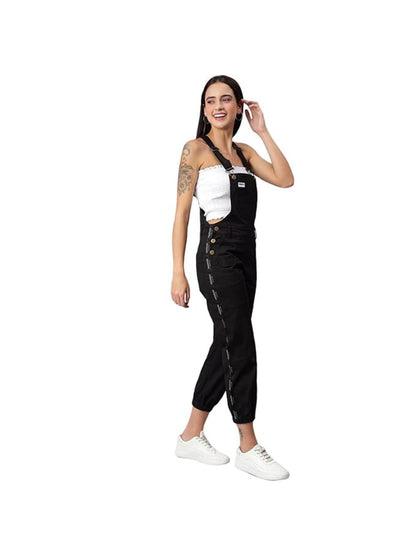 OLELE OVERALLS® Women's Cotton Twill Dungaree with Side Leg Brand Tape - Ebony Black