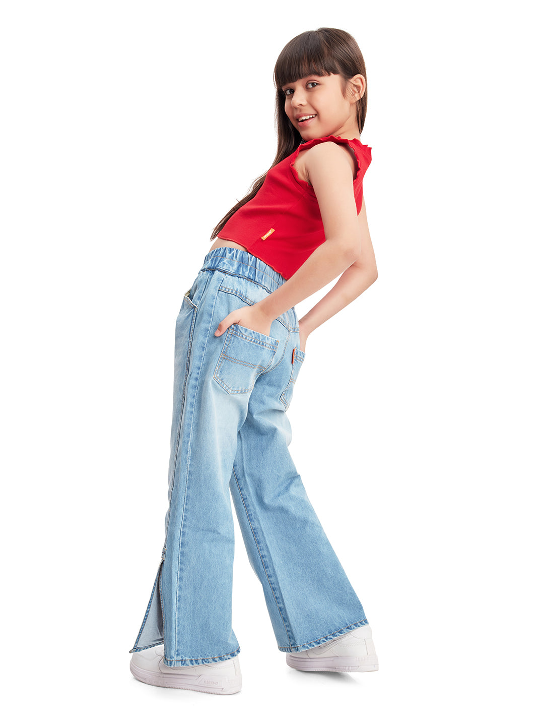 Olele® Girls Side Slit Relaxed Fit Jeans Pant - Cotton Denim