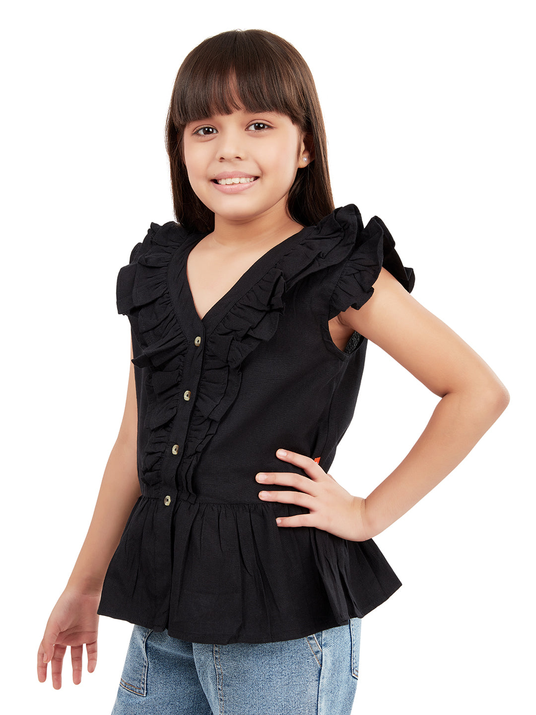 Olele® Girls Victoria Ruffle Top - Pure Black Mill Made Cotton