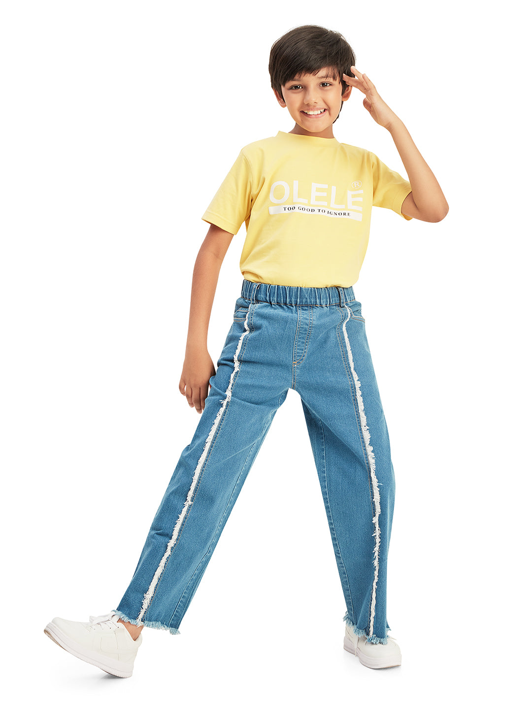 Olele® Boys Cotton Denim Pull On Raw Edge Front Pleat Jeans - Blue