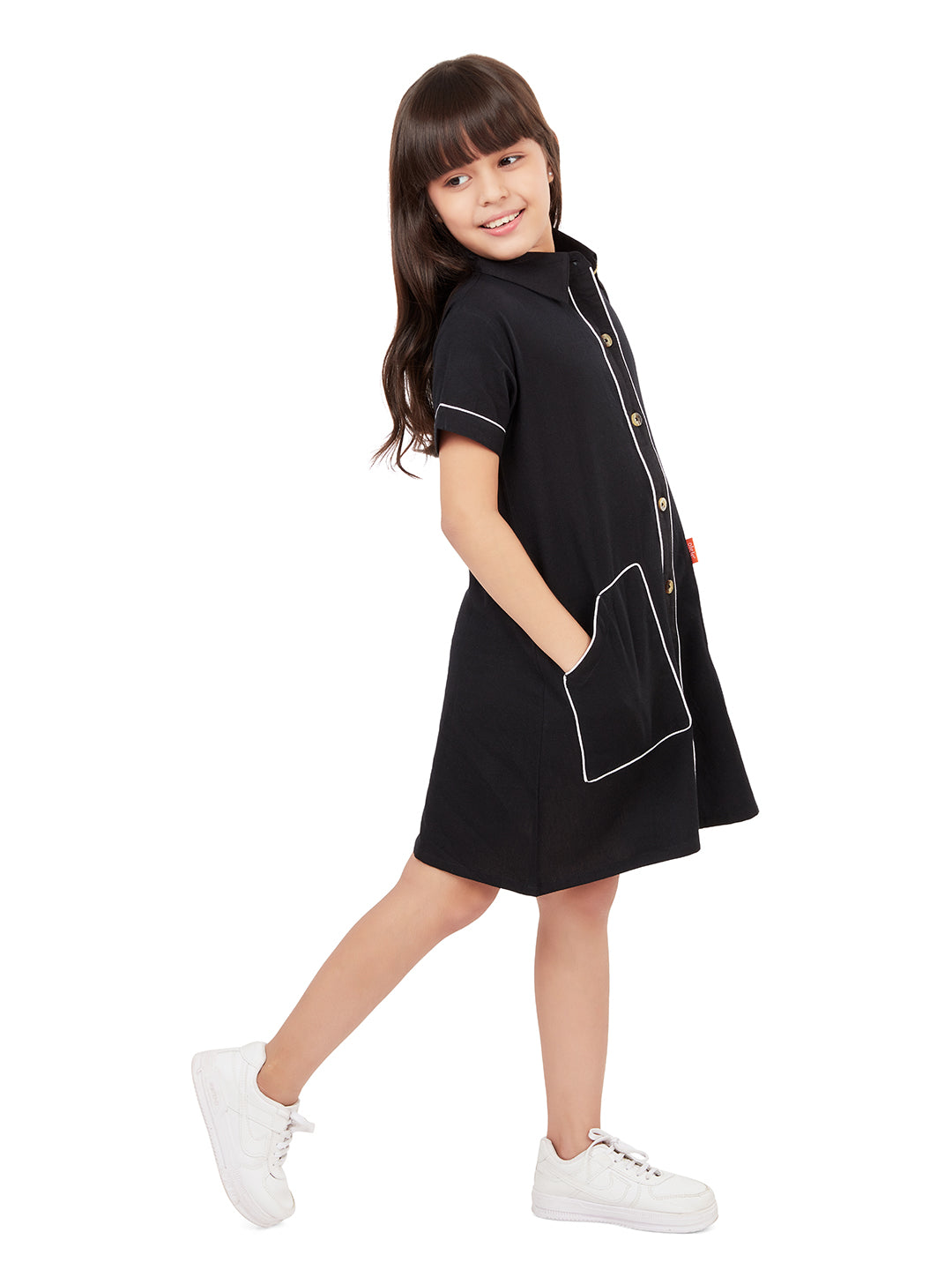 Olele® Girls Piping Art Cotton Short Sleeves Shirt Dress - Black