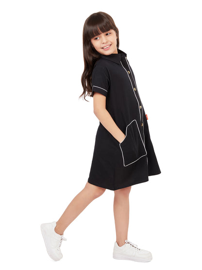 Olele® Girls Piping Art Cotton Short Sleeves Shirt Dress - Black