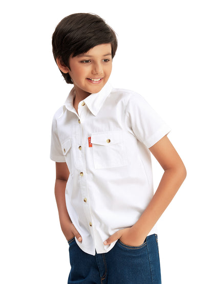 Olele® Boys Short Sleeves Button Down Cotton Two Pockets Shirt - Bright White