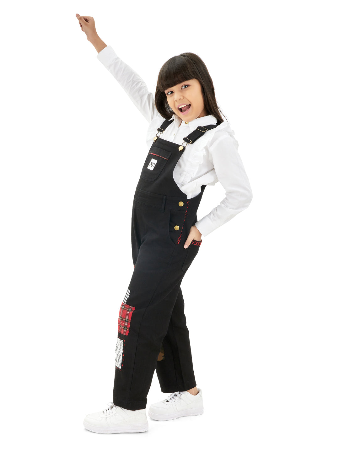 Olele®  Full Length BTS Black Patch Work Cotton Dungaree - Girls