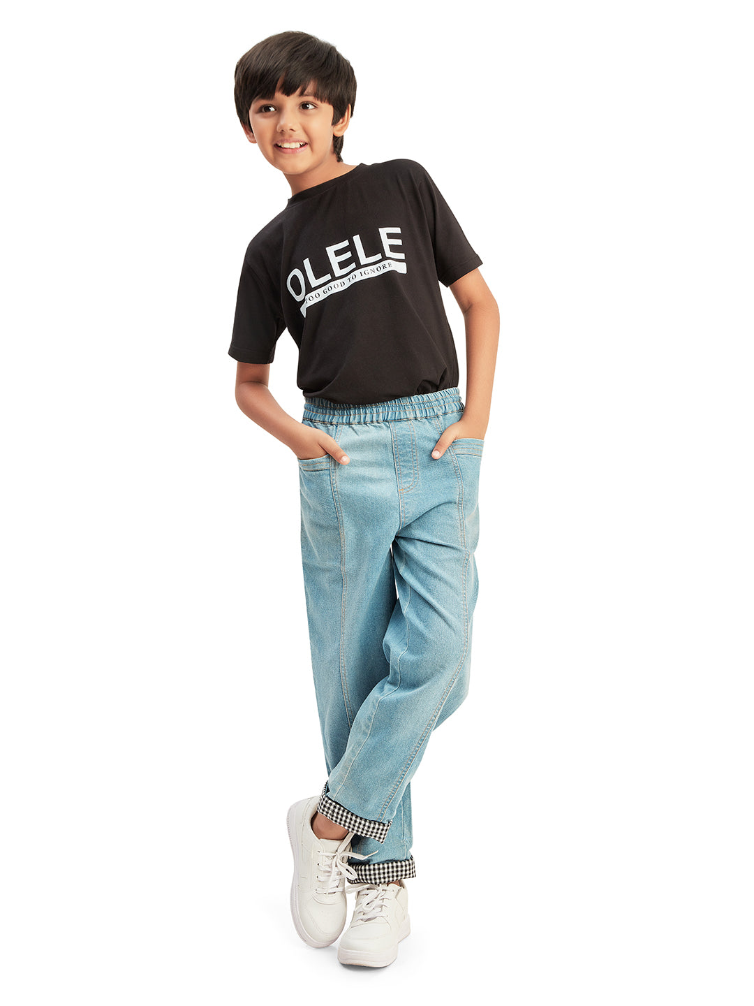 Olele® Boys Cotton Denim Pull On Hem Fold Jeans - Light Blue
