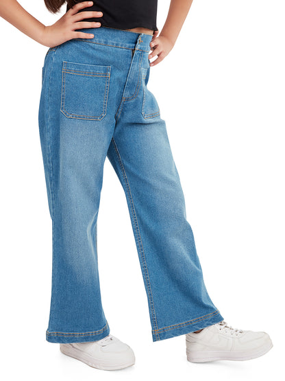 Olele® Girls Windsor Wide Leg Cotton Denim Jeans Regular Fit Stretchable (Elasticated Waist)  - Indigo Blue
