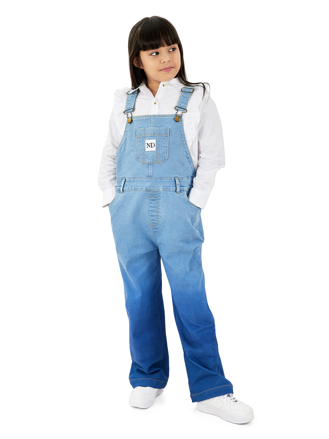 Olele®  Full Length Ombre Bio Washed Cotton Denim Dungaree - Girls