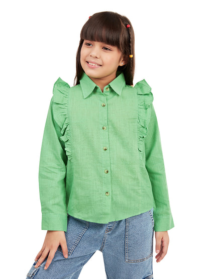 Olele® Girls Regina Full Sleeve Cotton Linen Shirt - Parrot Green