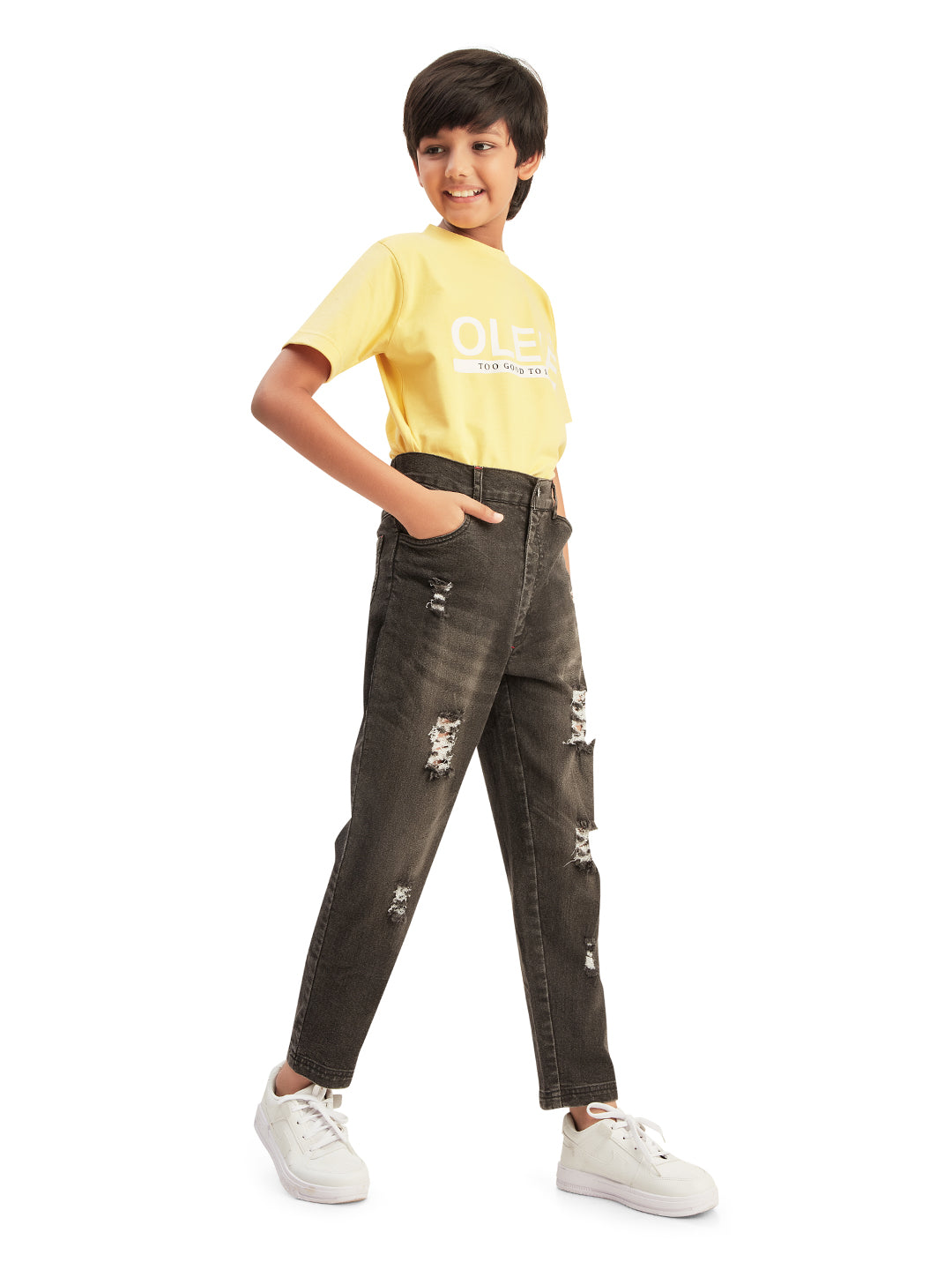 Olele® Boys Cotton Denim Distressed Wash Jeans Pant - Black