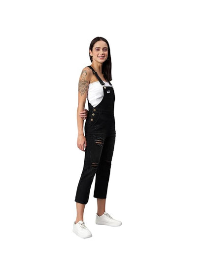 OLELE OVERALLS® Women's Black Denim Dungaree with Destroyed Wash