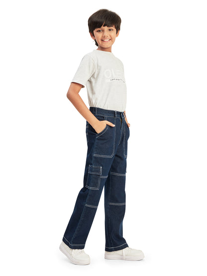 Olele® Boys Cotton Denim Cargo 6 Pockets Pant with Contrast White Thread Stitching - Raw Blue