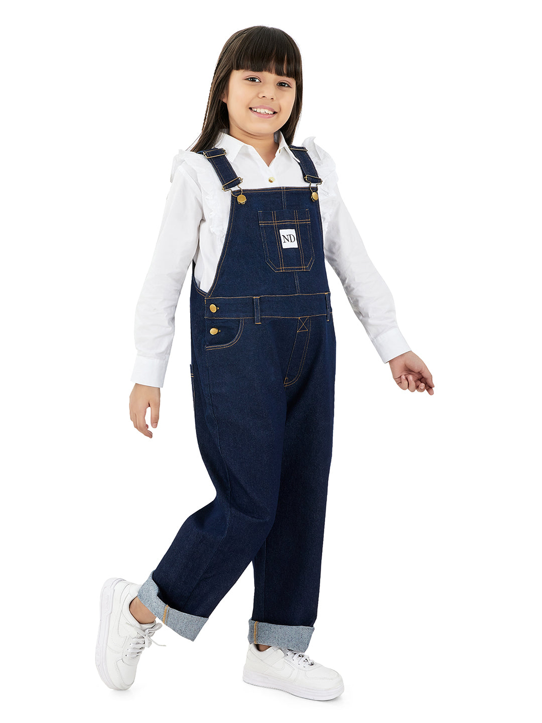 Side View of Girls Raw Cotton Denim Vanilla Dungaree