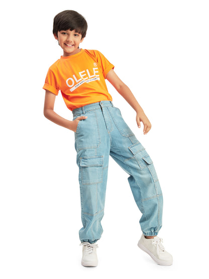 Olele® Boys Cotton Denim 7 Pockets Cargo Joggers Jeans Pant - Light Blue