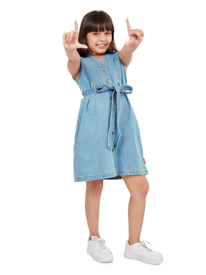Olele® Girls Dallas Denim V-Neck Dress  - Light Blue