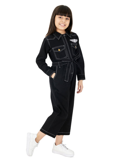Olele® Girls Brooklyn Boiler Suit with Zipper Opening - Black Cotton