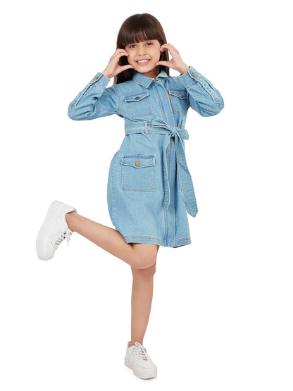 Olele® Girls Utility Cotton Denim Full Sleeve Dress - Blue