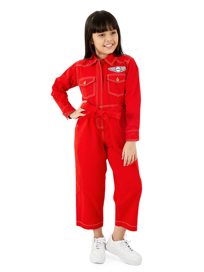 Olele® Girls Brooklyn Boiler Suit with Zipper Opening - Red Cotton