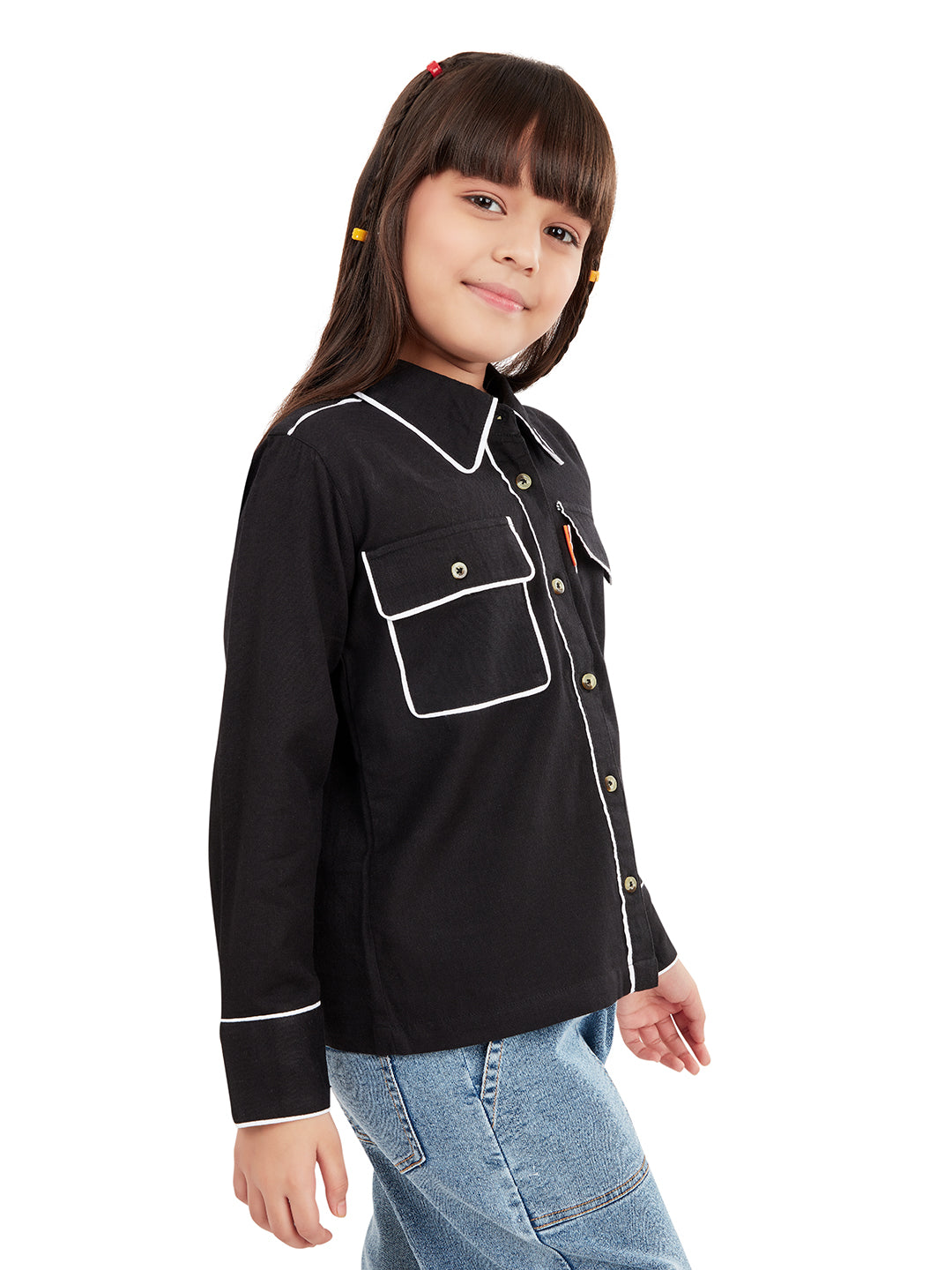 Olele® Girls Piping Art Cotton Full Sleeves Shirt - Black