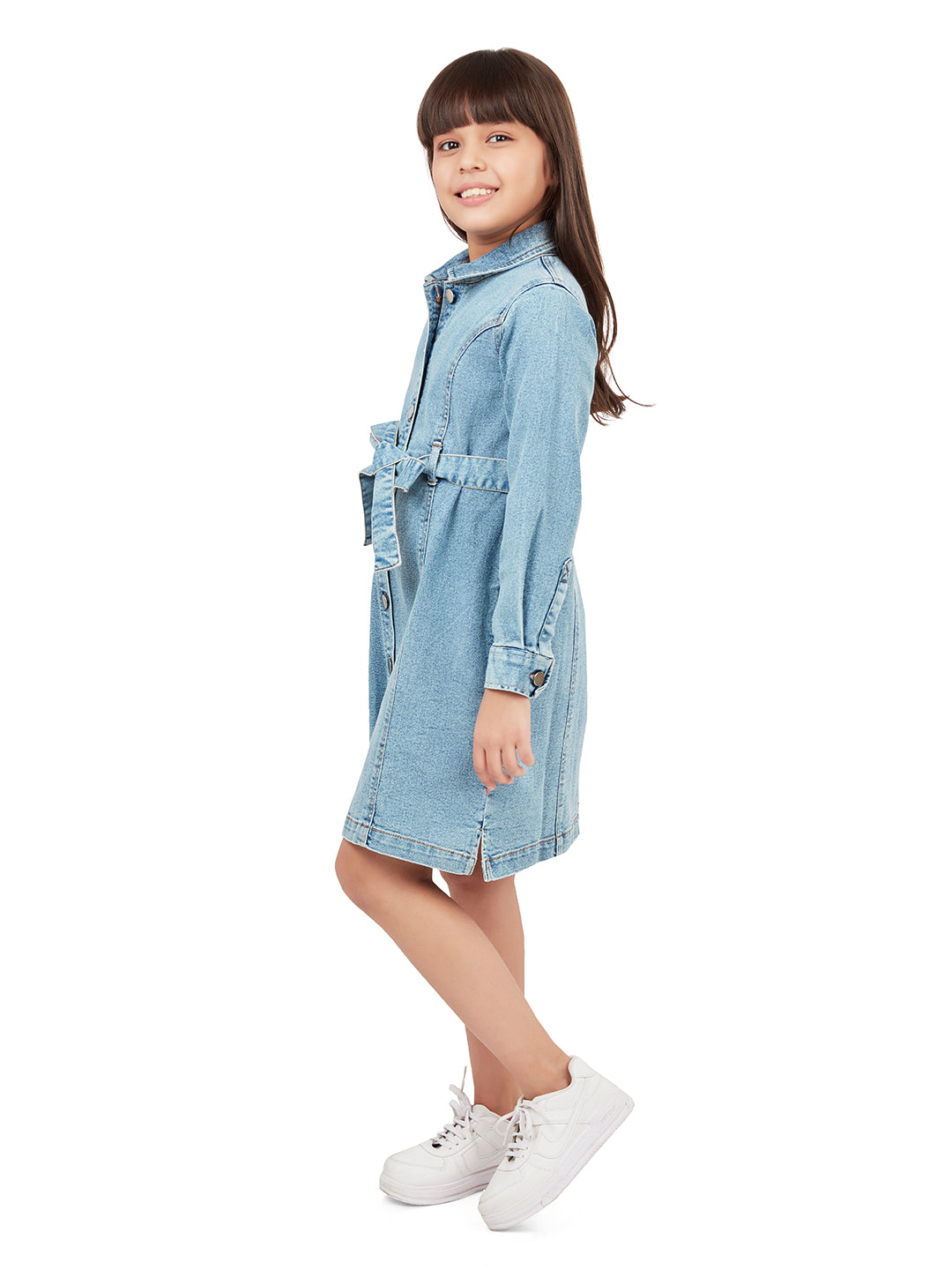 Olele® Girls Dallas Denim Full Sleeve Dress - Light Blue
