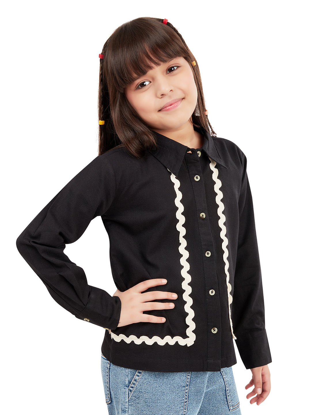 Olele® Girls Full Sleeve Linen Lace Shirt - Black