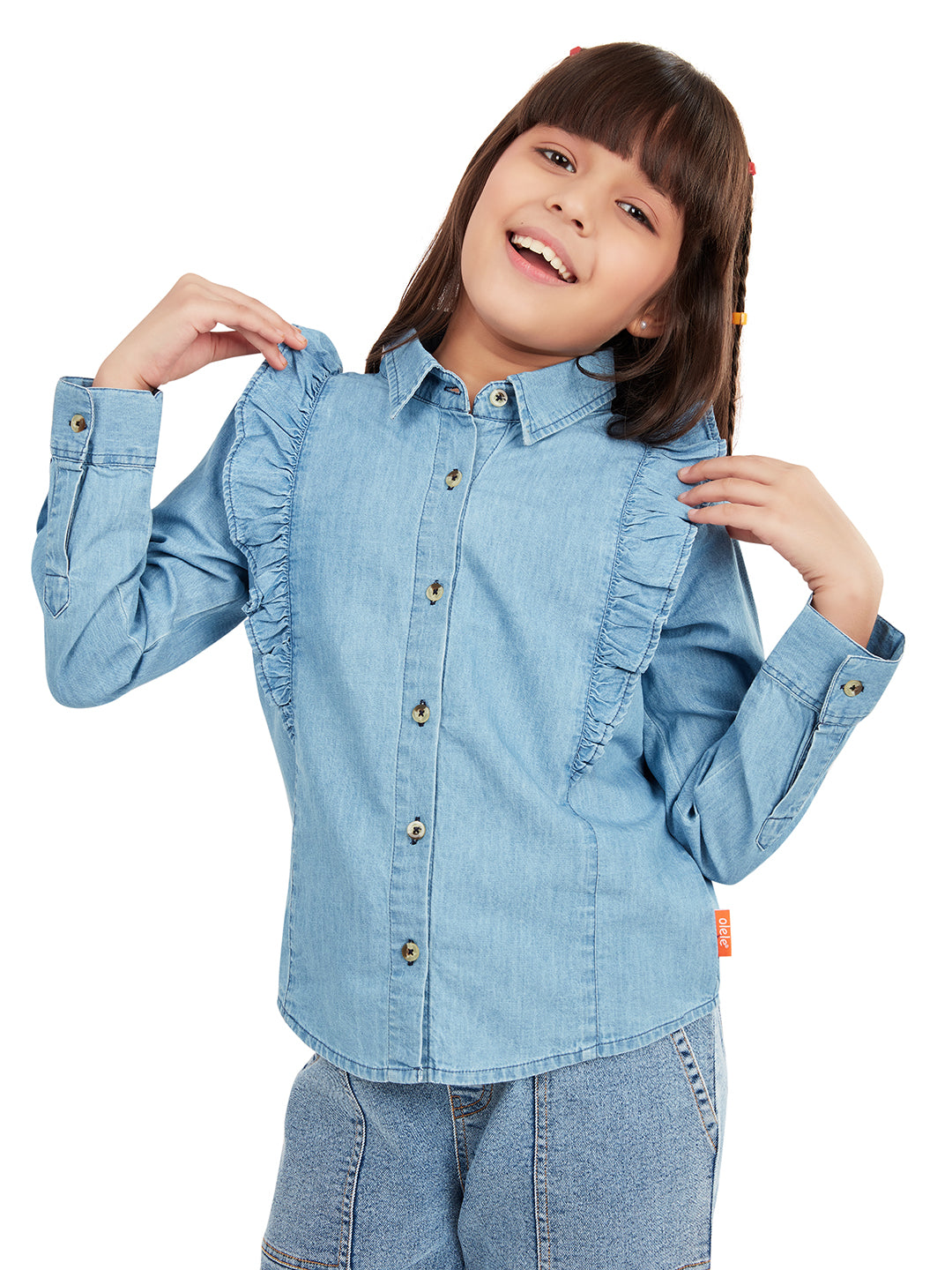 Olele® Girls Regina Full Sleeve Linen Denim Shirt - Light Blue