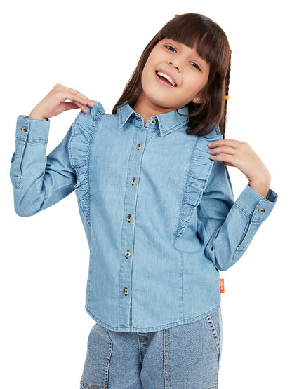 Olele® Girls Regina Full Sleeve Linen Denim Shirt - Light Blue