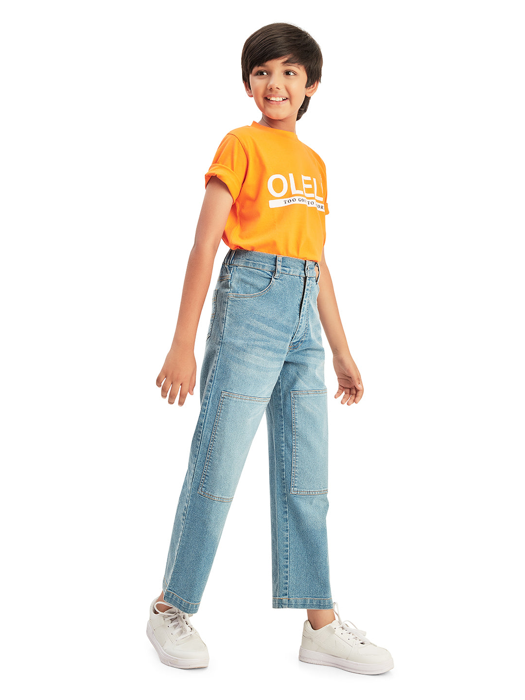 Olele® Boys Cotton Denim Patch Work Regular Fit Jeans Pant - Light Blue