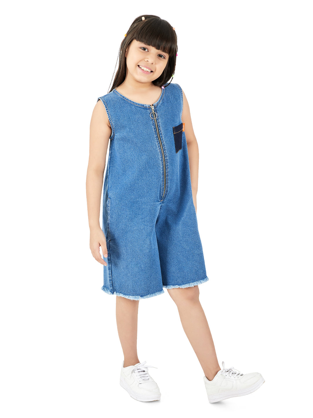 Olele® Girls Richmond Front Metal Zipper Romper - Cotton Denim