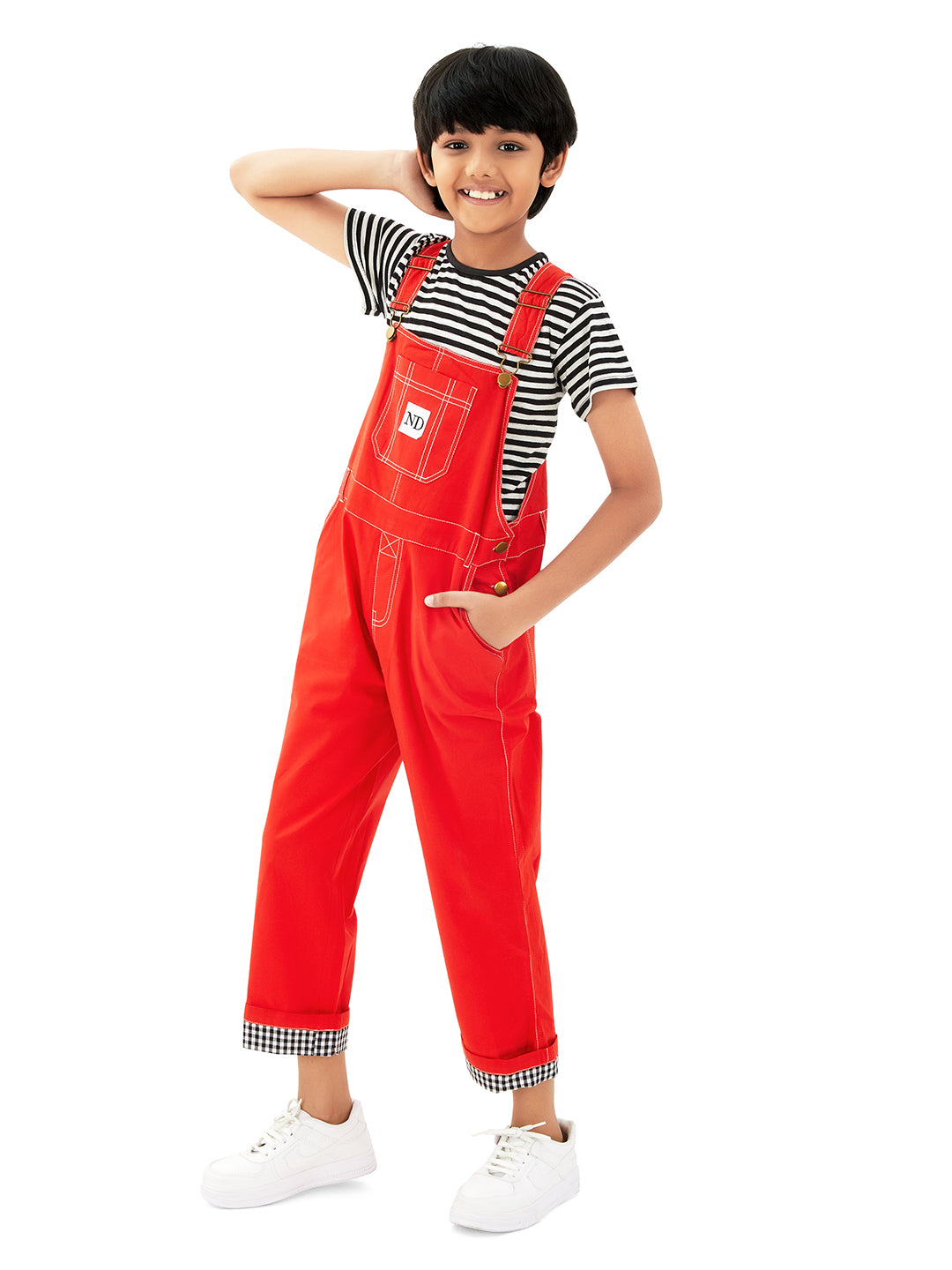 Olele® Boys Cotton Twill Ferrari Red Dungaree with Signature Contrast Hem Fold