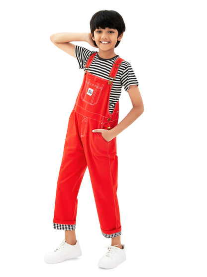 Olele® Boys Cotton Twill Ferrari Red Dungaree with Signature Contrast Hem Fold