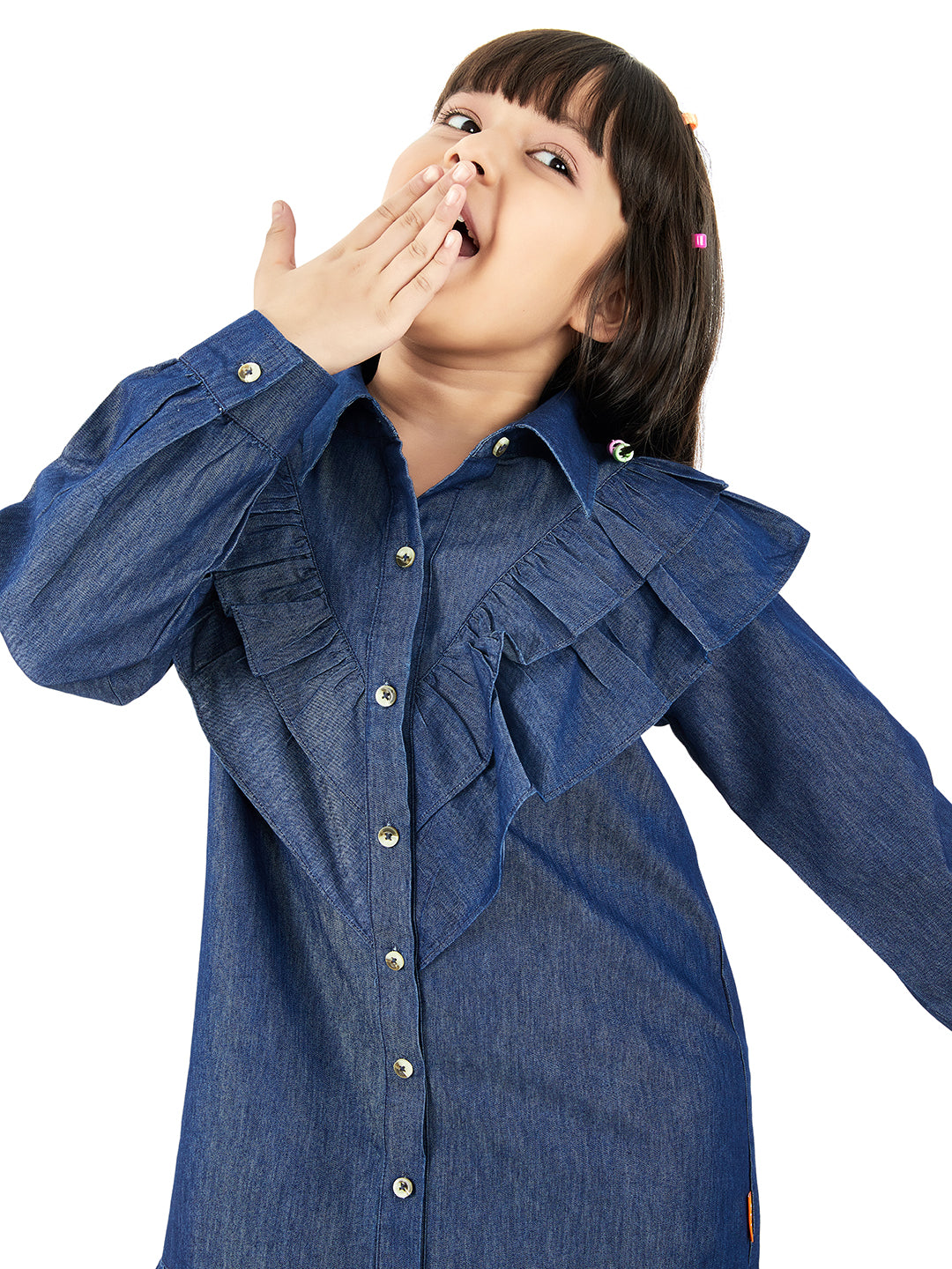 Olele® Girls Victoria Double Layer Ruffle Dress - Light Weight Cotton Denim