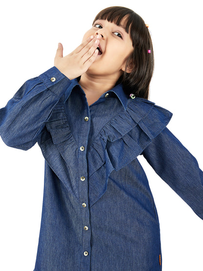 Olele® Girls Victoria Double Layer Ruffle Dress - Light Weight Cotton Denim