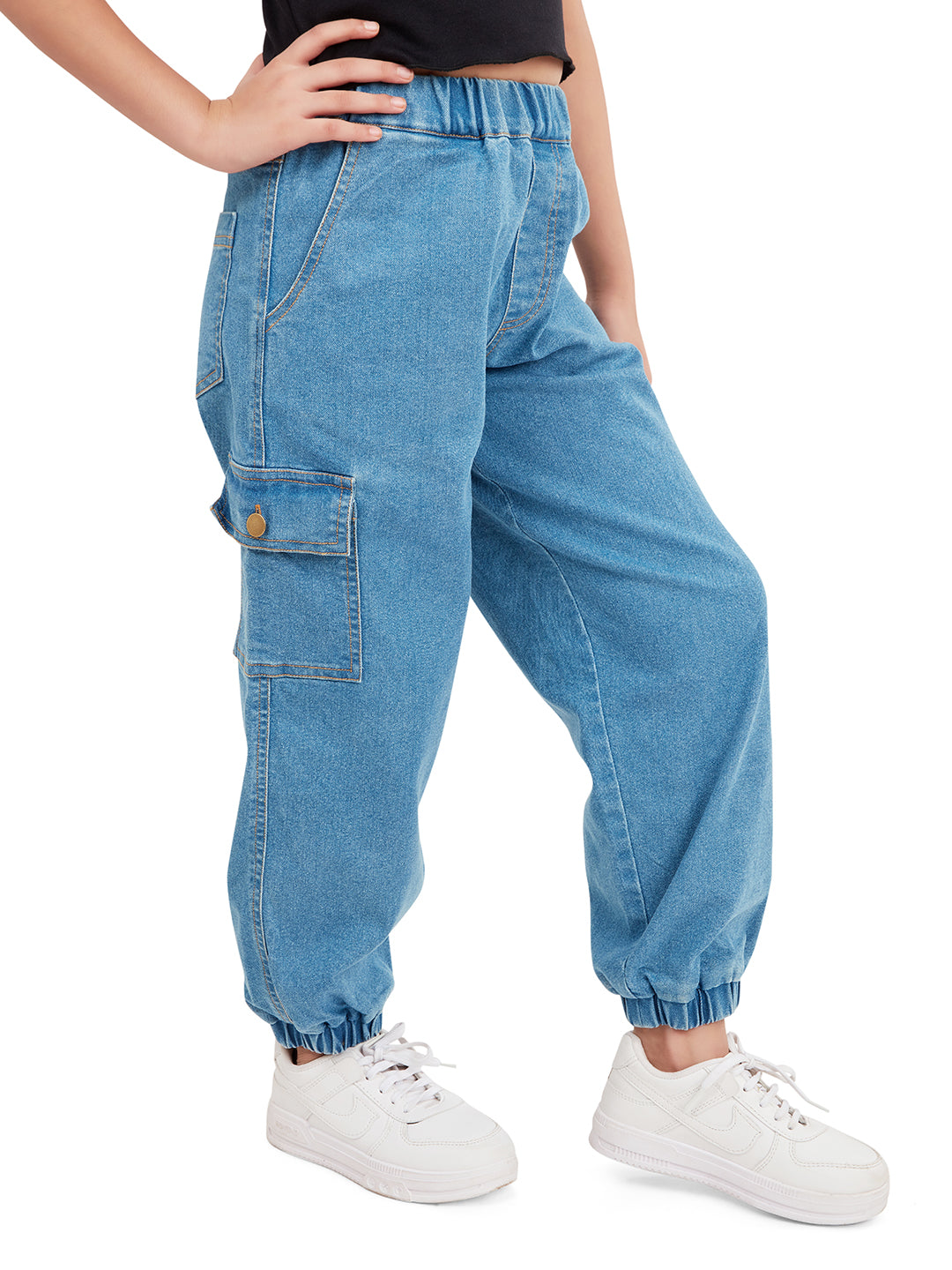 Olele® Girls Jackson Joggers Cotton Denim Jeans (Elasticated Waist)  - Indigo Blue