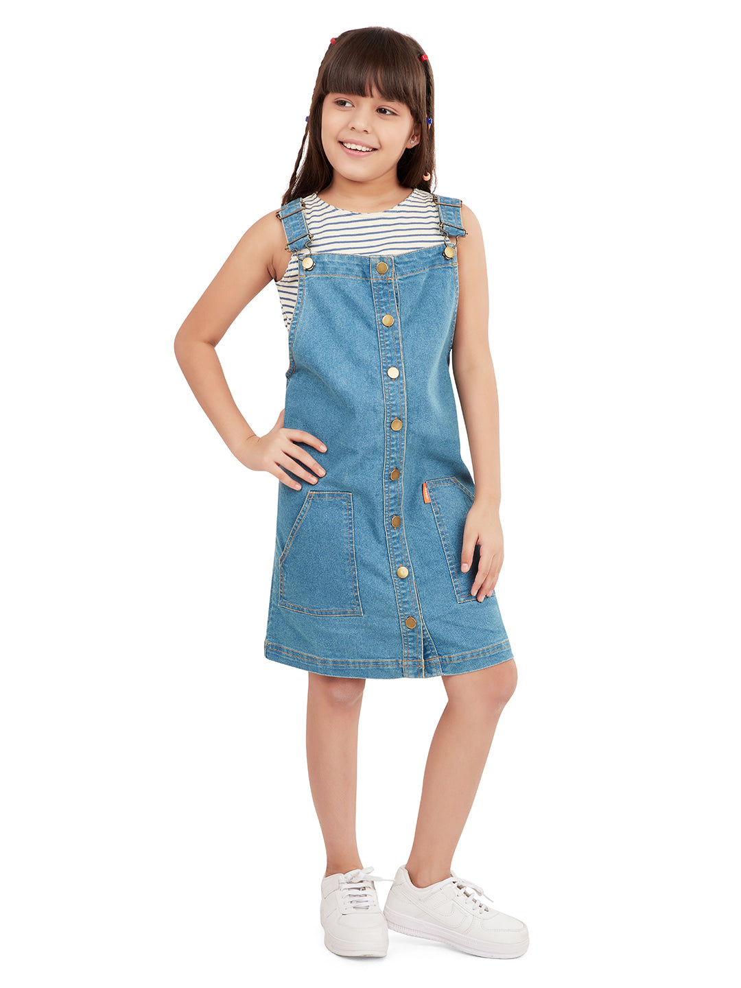 Olele® Girls Vanilla Cotton Denim Dungaree Dress - Blue