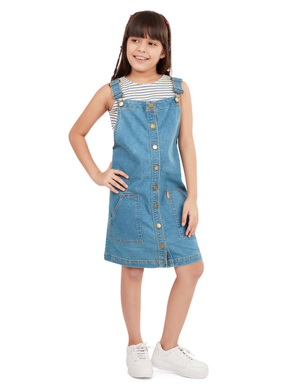Olele® Girls Vanilla Cotton Denim Dungaree Dress - Blue