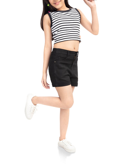 Right Side View Olele® Girls Ebony Black Cotton Denim Shorts