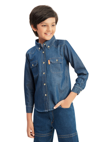 Olele® Boys Full Sleeves Button Down Cotton Light Denim Shirt - Blue
